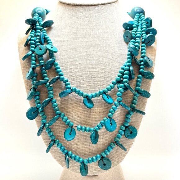 VTG Circle Disc & Round Coconut Wood Dyed Blue Triple Strand Necklace 30" Length - Picture 1 of 10